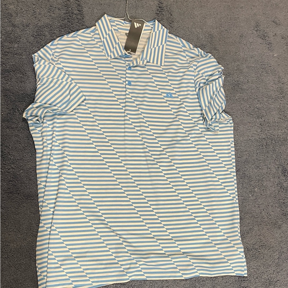 adidas Light Blue and White Striped Polo Shirt